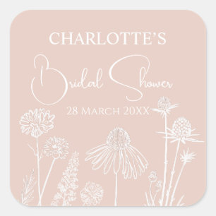 Blush Wildflowers Sketched Floral Bridal Shower  Square Sticker