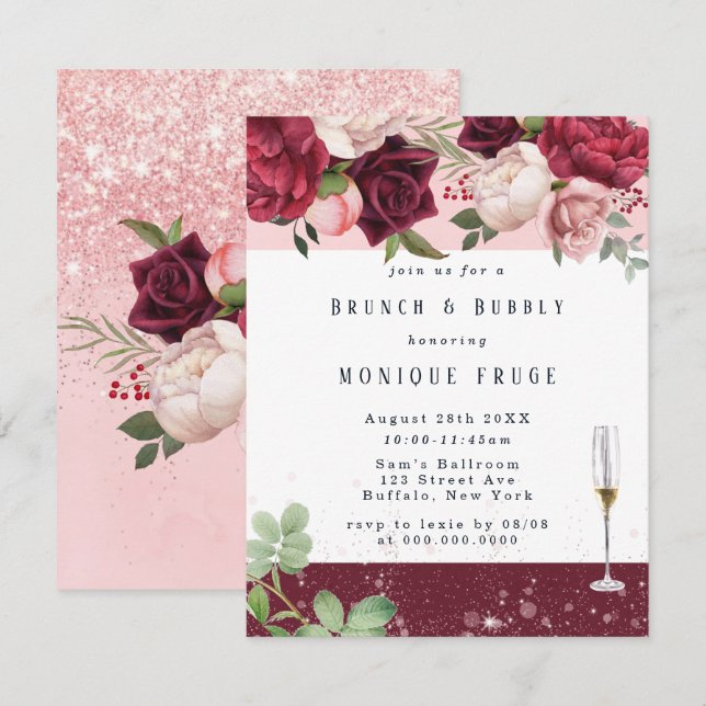 Blush Wine  Peony Glitter Brunch & Bubbly Invites (Front/Back)