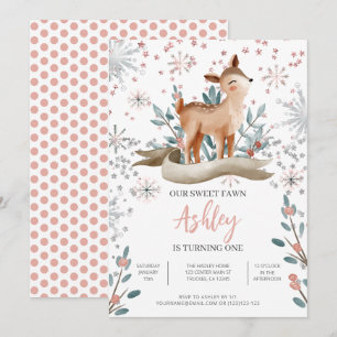 Blush Winter Cute Deer 1st Birthday Invitation