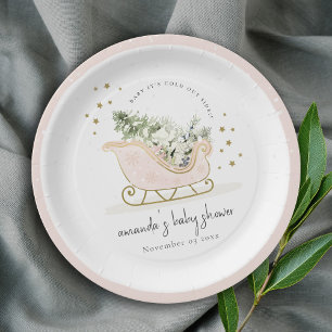Blush Winter Sleigh Its Cold Outside Baby Shower Paper Plate