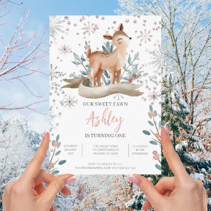 Blush Winter Woodland 1st Birthday Invitation