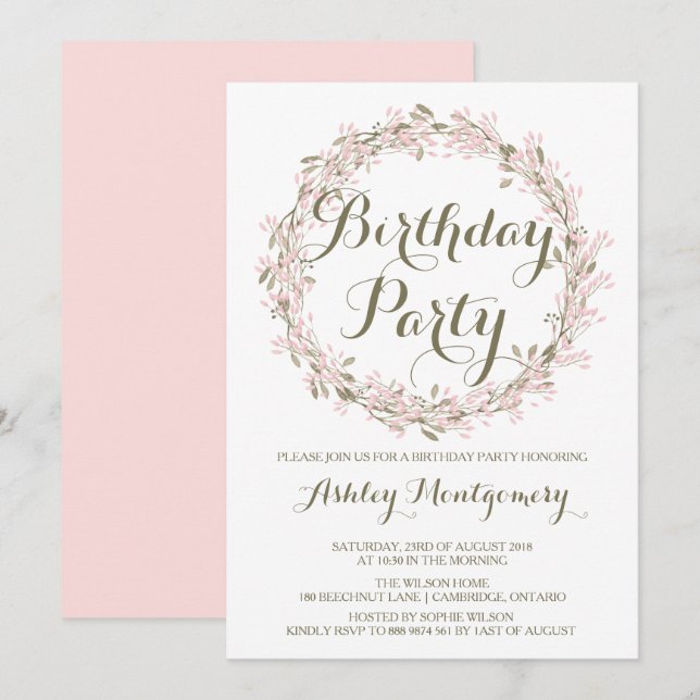 Blush Winter Wreath Birthday Party Invitation (Front/Back)