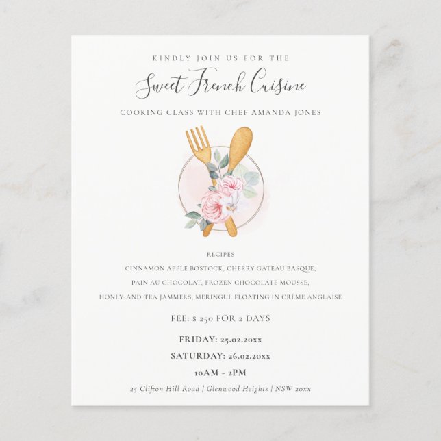 Blush Wood Spoon Fork Floral Bakery Cooking Class Flyer (Front)