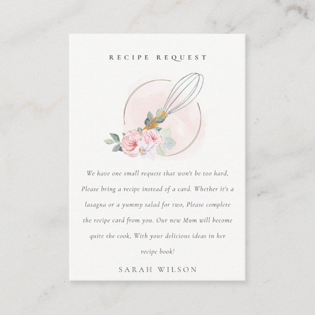 Blush Wood Whisk Floral Recipe Request Baby Shower Enclosure Card (Front)