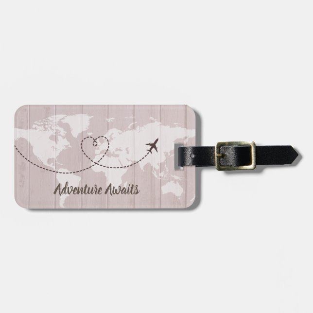 Blush Word Map Adventure Await Luggage Tag (Front Horizontal)