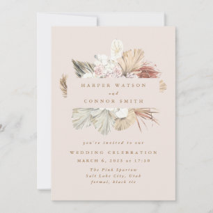 Blush Wreath Pampas Grass Floral Jungle Wedding Invitation