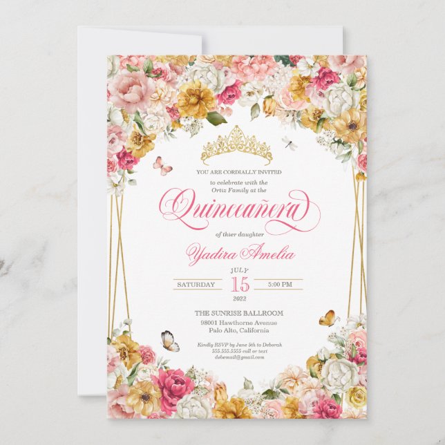 Blush Yellow Elegant Floral Buttefly Quinceanera Invitation (Front)