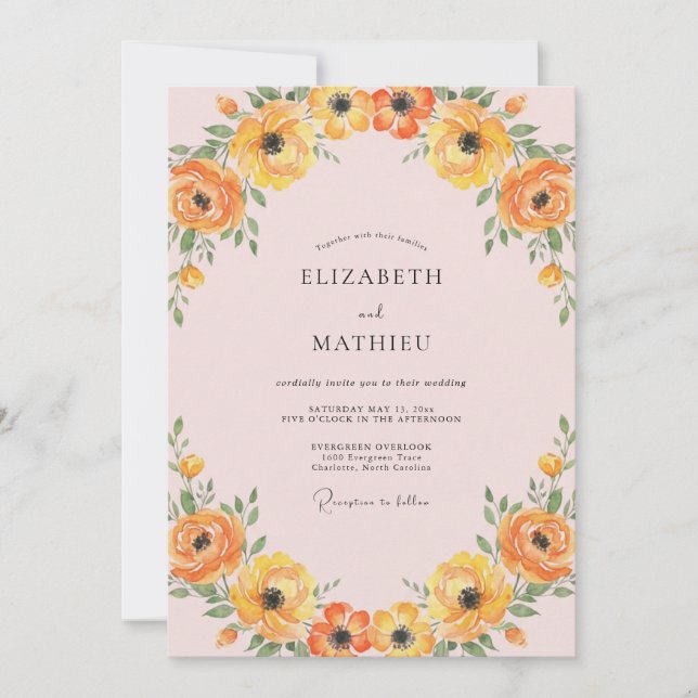 Blush Yellow Ranunculus Eucalyptus Wedding Invitation (Front)