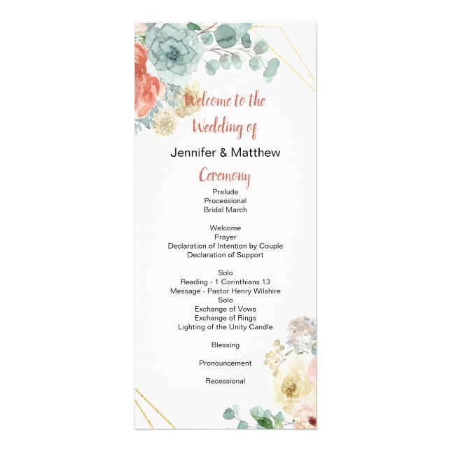 Blushing Apricot Floral Wedding Program Rack Card (Front)