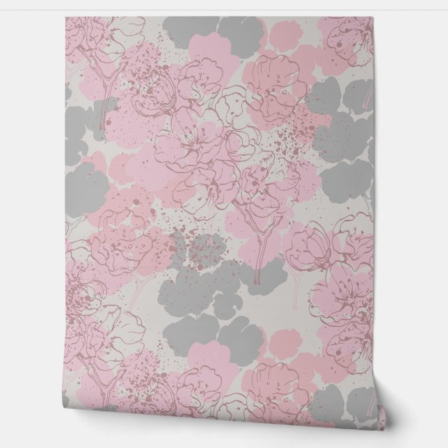 Blushing Blooms Abstract Floral Dreamscape Wallpaper (Unrolling)