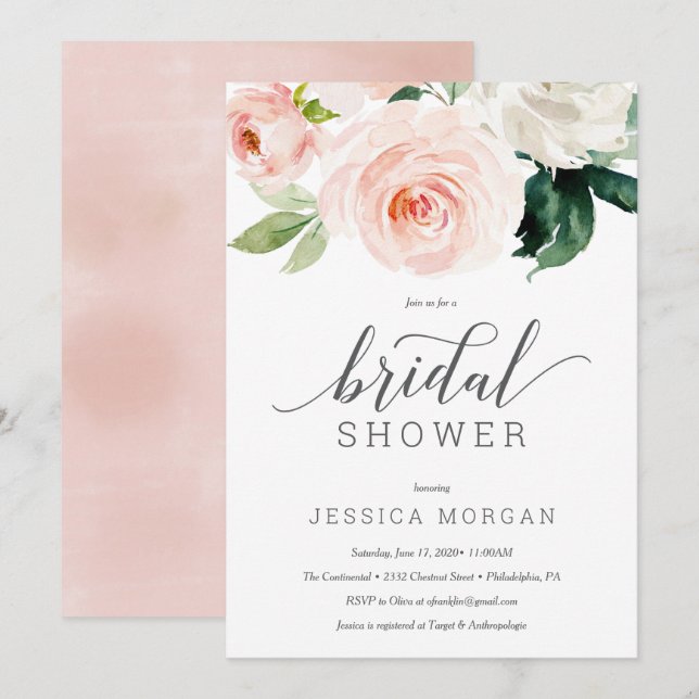 Blushing Blooms Bridal Shower Invitation Card (Front/Back)