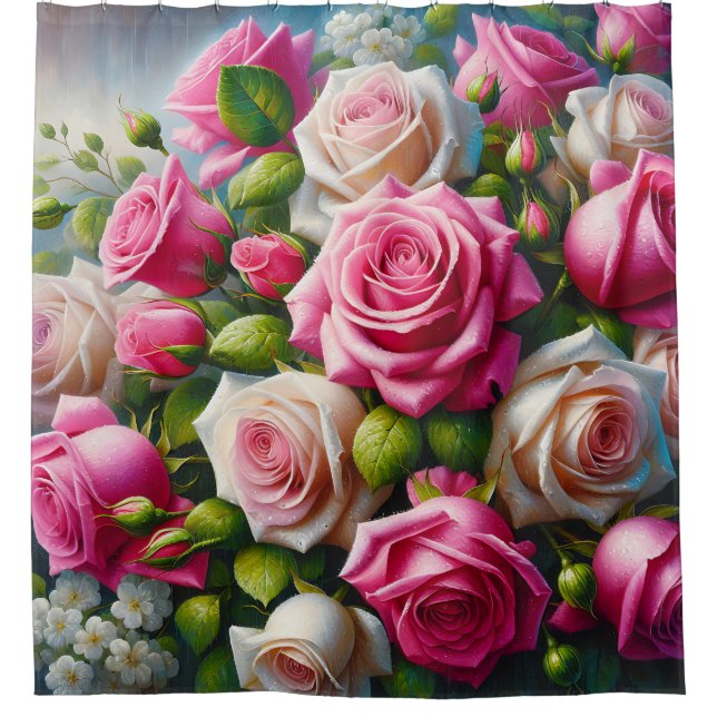 “Blushing Blooms: Dew-Kissed Roses" Shower Curtain (Front)