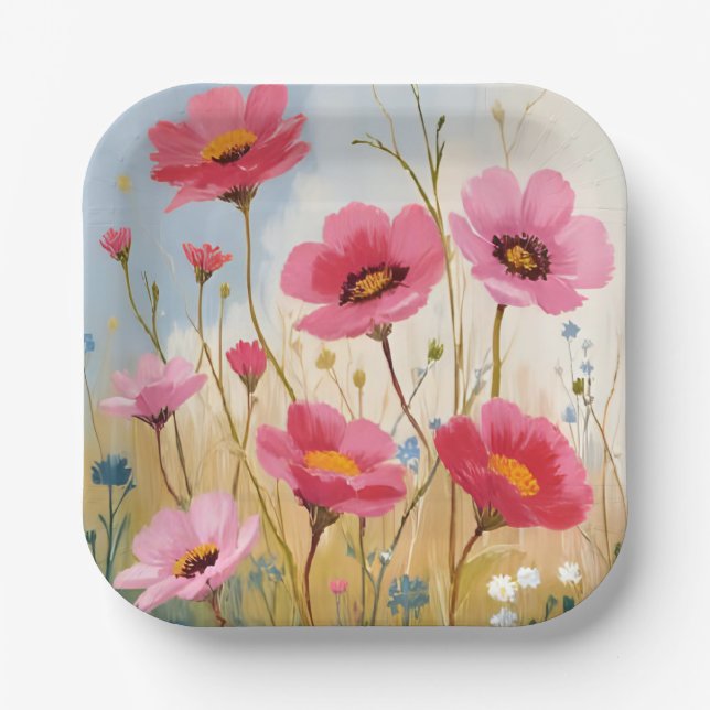 Blushing Blooms | Pink Flower Meadow Floral Paper Plate (Front)