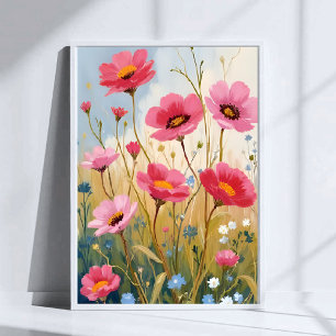 Blushing Blooms   Pink Flower Meadow Floral Poster