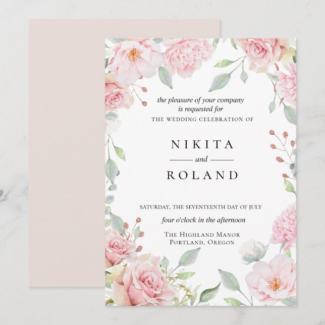 Blushing Blooms Wedding Invitation (Front/Back)