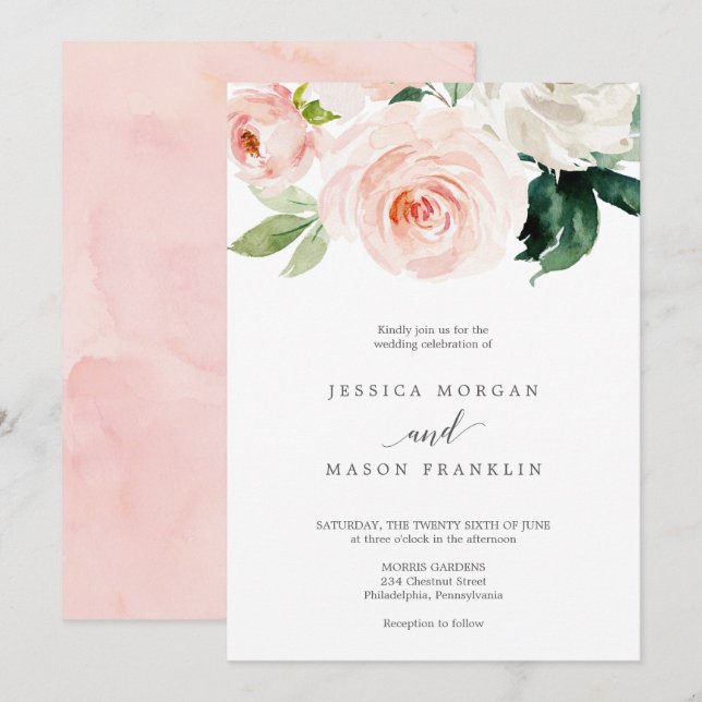 Blushing Blooms Wedding Invitation (Front/Back)