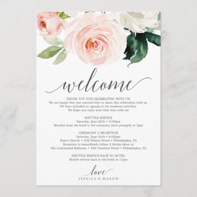 Blushing Blooms Wedding Welcome Itinerary Letter Programme (Front)
