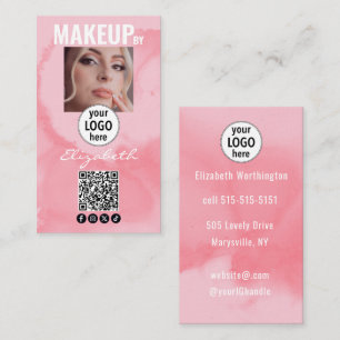 Blushing Coral Pink Watercolor QR Social Makeup Business Card