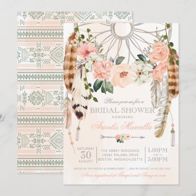 Blushing Dream  Boho Dreamcatcher Bridal Shower Invitation (Front/Back)