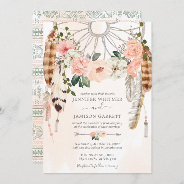 Blushing Dream  Boho Dreamcatcher Wedding Invitation (Front/Back)