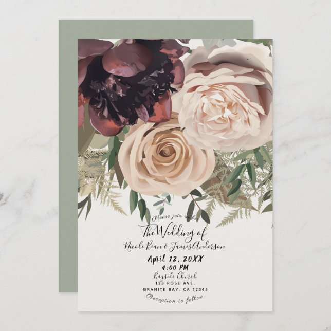 Blushing Floral Blooms Glam Botanical Wedding Invitation (Front/Back)