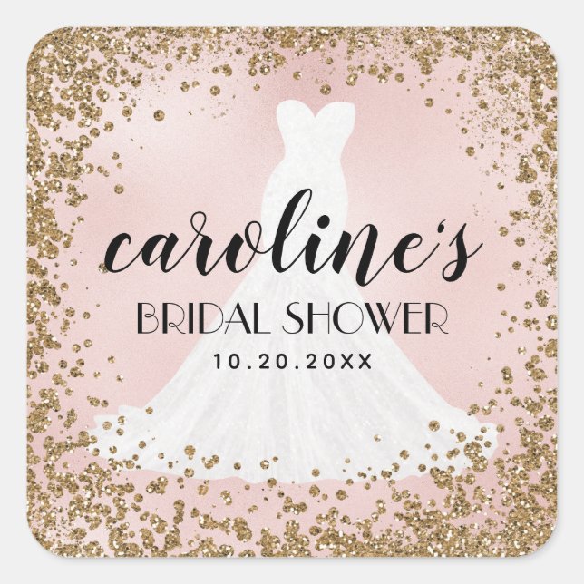 Blushing Glitter Bride Dress Bridal Shower Favour Square Sticker (Front)