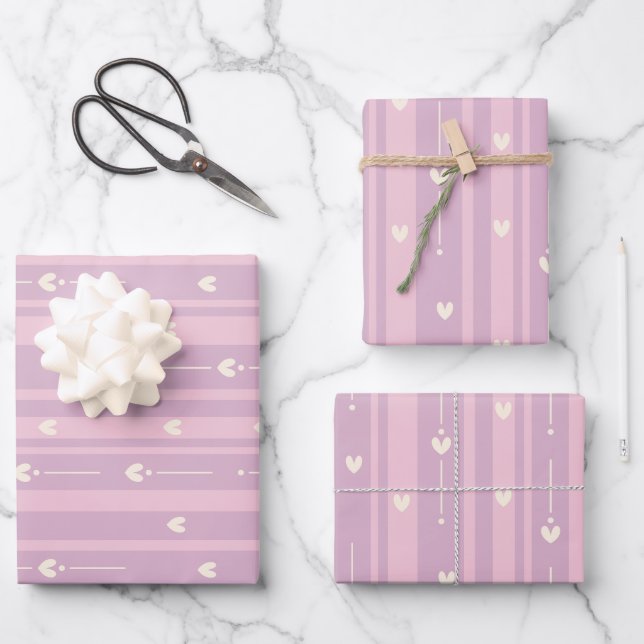 Blushing Heart Stripes Pattern Wrapping Paper Sheet (Front)