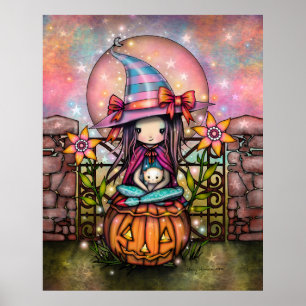 Blushing Moon Cute Witch with Cat Art Poster