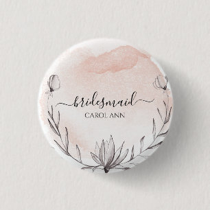 Blushing Peach Watercolor Bridesaid 3 Cm Round Badge