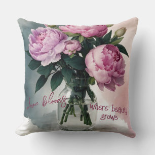 Blushing Peonies in Glass Vase Throw Pillow