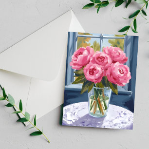 Blushing Peony Bouquet   Pink Flower Painting Card