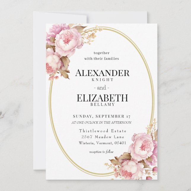 Blushing Peony Of Gold Circle Wedding Invitation (Front)
