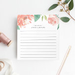 Blushing Peony | Personalised Lined Notepad<br><div class="desc">Chic floral notepad features a top border of watercolor peony flowers in blush pink and peach with lush green leaves. Personalise with two lines of custom text in modern lettering; shown with the French greeting "bonjour" and your name. Lined.</div>