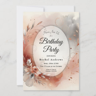 Blushing Petals and Silver Swirls Birthday Party Invitation