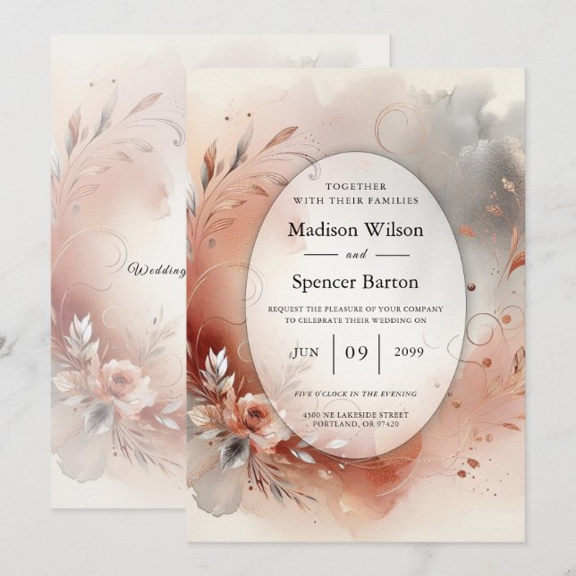 Blushing Petals and Silver Swirls Wedding Invitation (Front/Back)