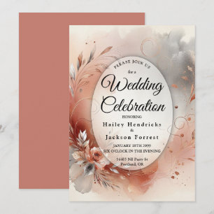 Blushing Petals and Silver Swirls Wedding Invitation