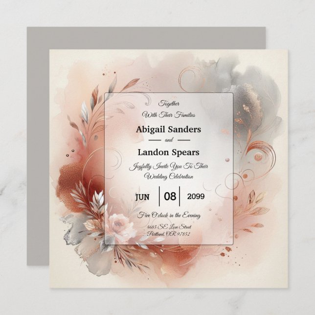 Blushing Petals and Silver Swirls Wedding Invitation (Front/Back)