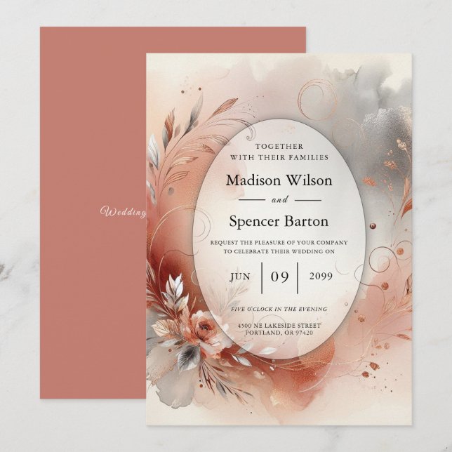 Blushing Petals and Silver Swirls Wedding Invitation (Front/Back)