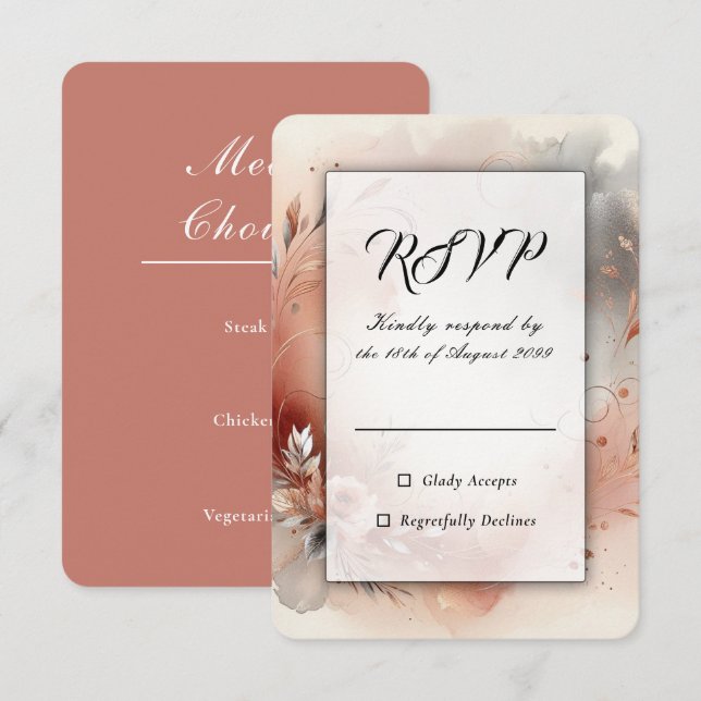 Blushing Petals and Silver Swirls Wedding RSVP Card (Front/Back)