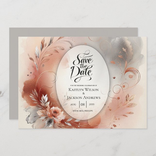 Blushing Petals and Silver Swirls Wedding Save The Date (Front/Back)