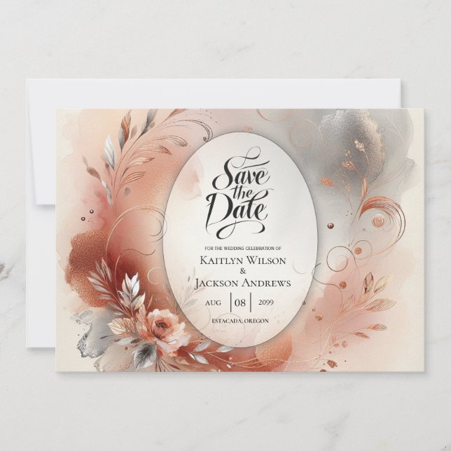 Blushing Petals and Silver Swirls Wedding Save The Date (Front)