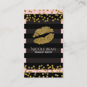 Blushing Pink & Black Stripes Gold Faux Foil Dots Business Card