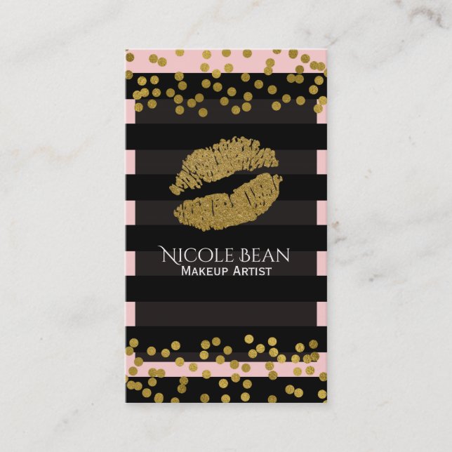 Blushing Pink & Black Stripes Gold Faux Foil Dots Business Card (Front)