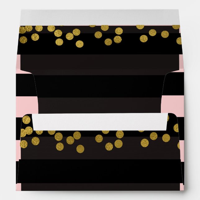 Blushing Pink & Black Stripes Gold Faux Foil Dots Envelope (Back (Bottom))