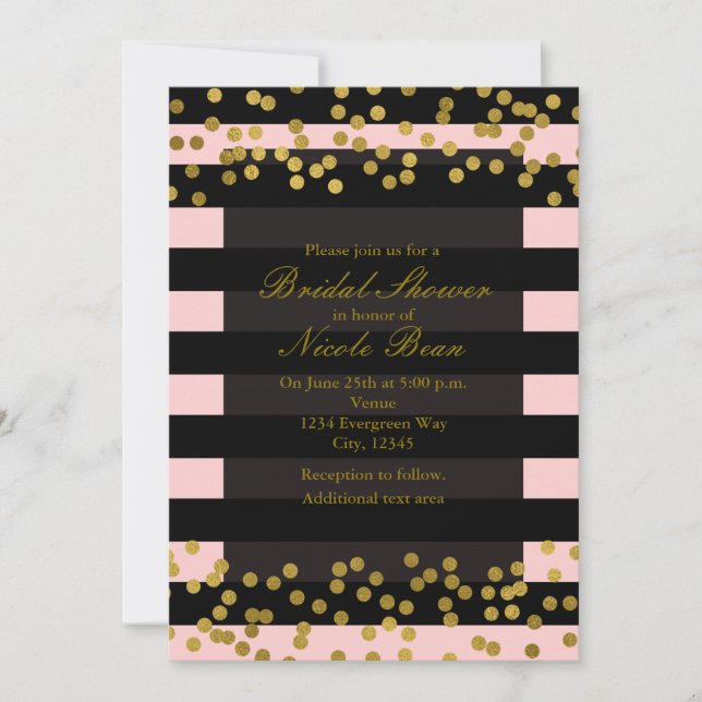 Blushing Pink & Black Stripes Gold Faux Foil Dots Invitation (Front)