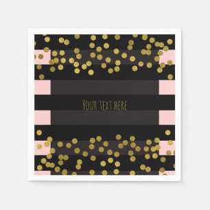 Blushing Pink & Black Stripes Gold Faux Foil Dots Napkin