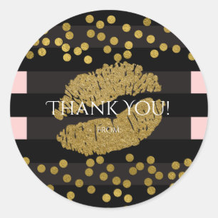 Blushing Pink & Black Stripes Gold Kiss Lips Classic Round Sticker