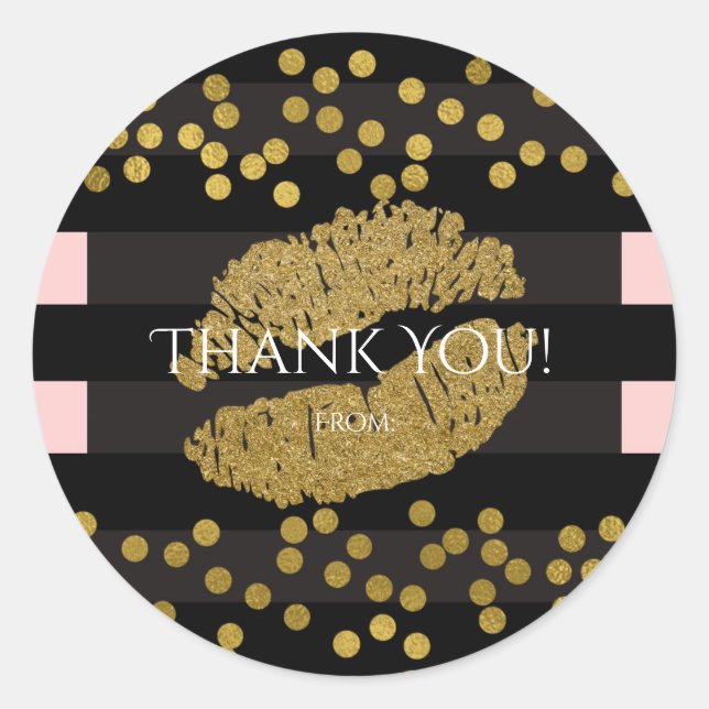 Blushing Pink & Black Stripes Gold Kiss Lips Classic Round Sticker (Front)