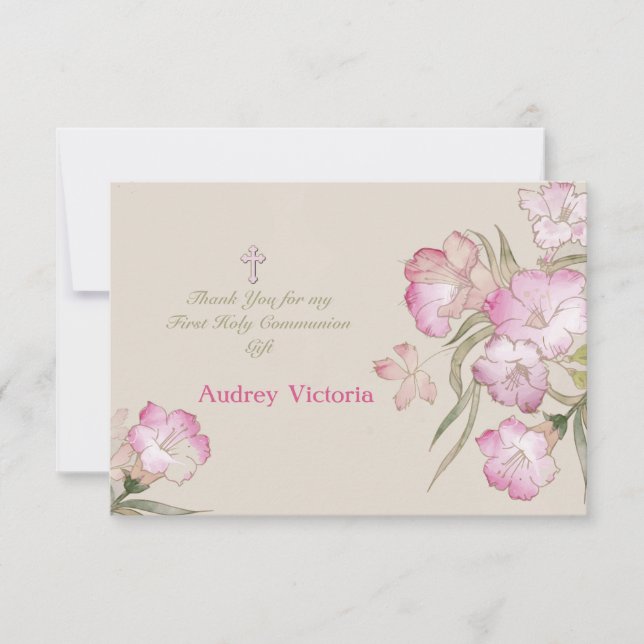 Blushing Pink Floral Communion Thank You Card (Front)