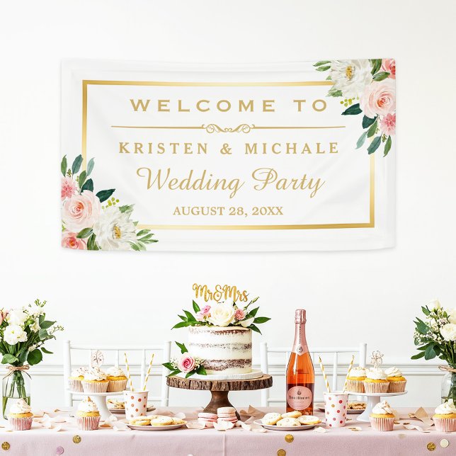 Blushing Pink Floral Gold Frame Wedding Party Banner (Creator Uploaded)